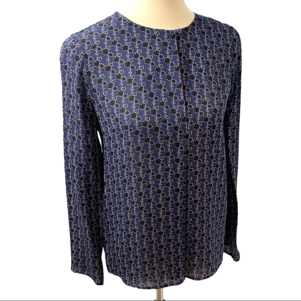 Theory Silk Split Neck Print Popover Long Sleeve Career Business Top Small - Picture 8 of 11